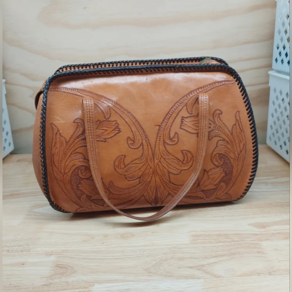 Vintage Tooled floral leather 2 strap hand Bag purse Vintage Western Bohemian - Picture 5 of 14